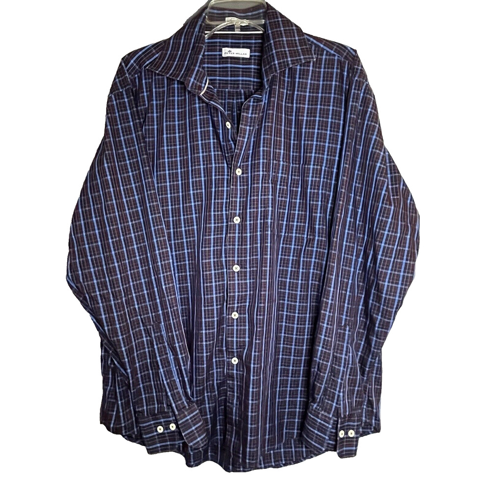 Peter Millar Shirt Mens XL Blue Red Brown Plaid Cotton Silk Button Long Sleeve